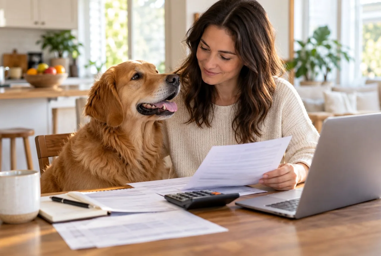 Owner reading papers beside a golden-colored dog at home