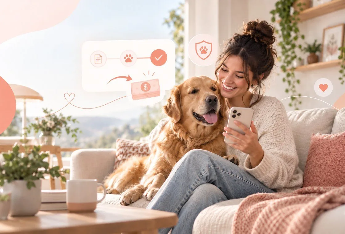 Owner using a phone while sitting beside a dog